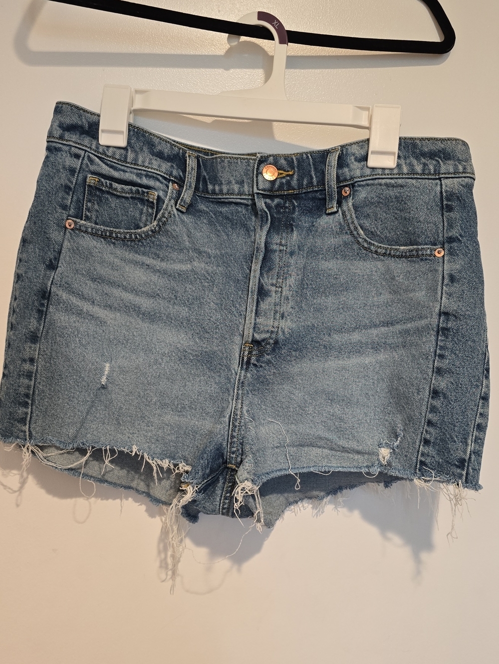 Express Medium Blue Distressed Denim Cutoff Shorts